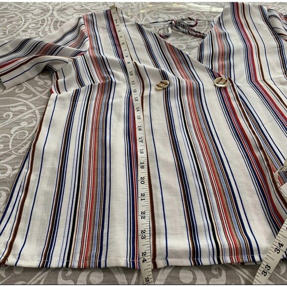 Luxology Blouse Women Medium Multicolor Red White Blue Vertical Stripe Tie Comfy - Picture 7 of 10
